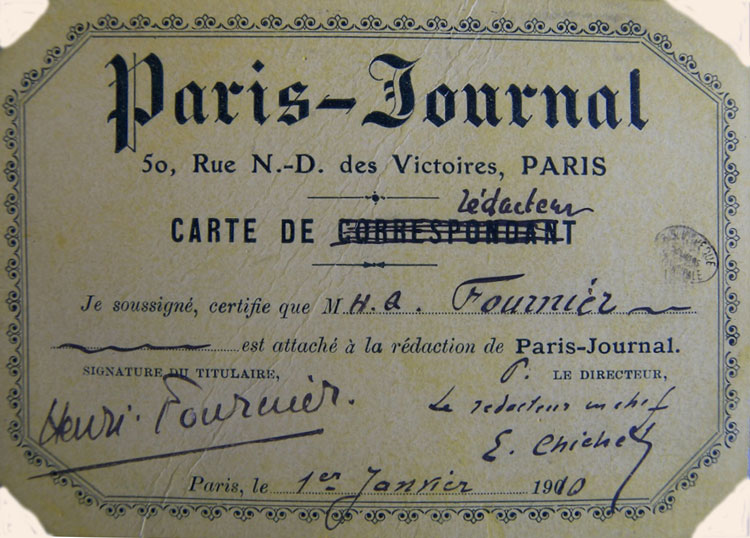 carte d'Alain-Fournier de journaliste à Paris-Journal